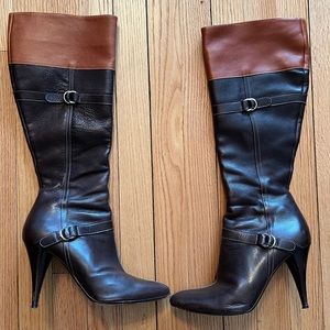Cole Haan Brown Leather Side Zipper Buckled High Heeled Tall Boots Size 8 B
